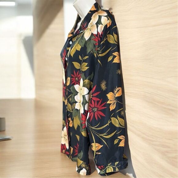 COACO Women's Black Tropical Print Floral Silk Blouse Long Sleeve Button Down - Picture 2 of 8